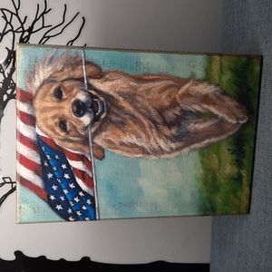 Box Sign Shelf Sitter Wall Hanging Golden Retriever USA Flag Patriotic American